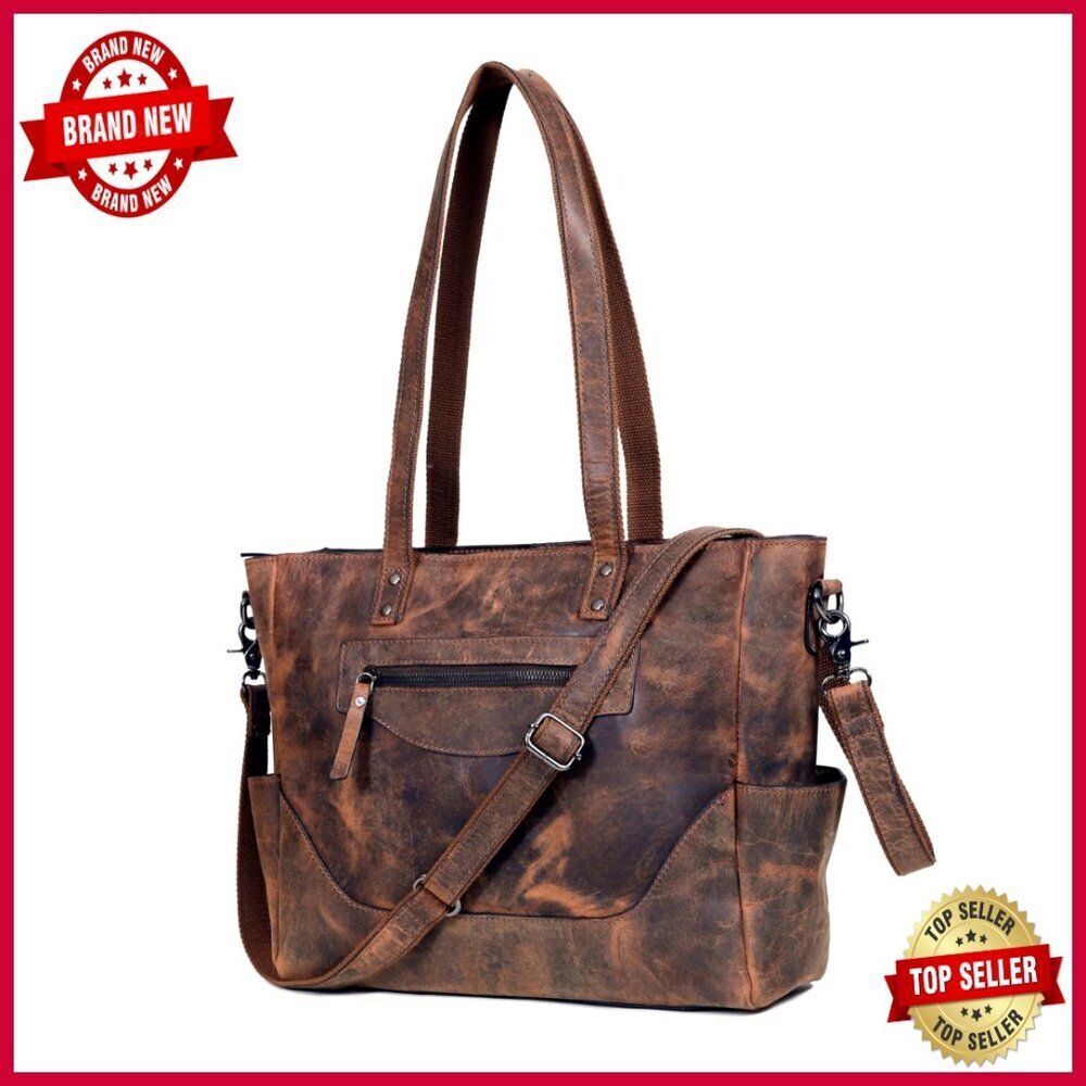 Large Leather Tote Bag for Women - Work Travel Laptop Purse